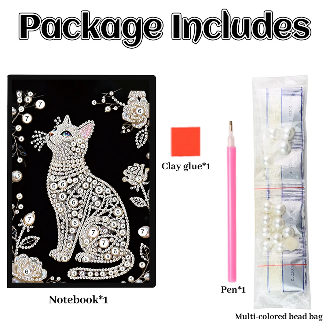 Flowers and Cat Partial Pearl DIY 50 Pages A5 Diamond Painting Notebook Special Shaped Diamond Art Diary Book Kits Wireless Strip 5D Crystal Art Paintings Sketchbook for Art Drawing