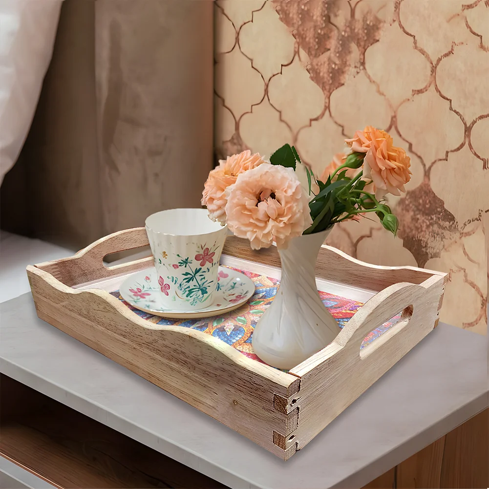 DIY Mandala Diamond Painting Decorative Trays with Handle Coffee Table Tray for Serving Food