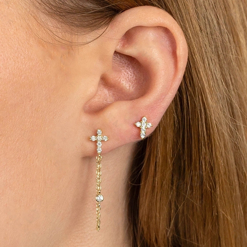 1 Pair 925 Sterling Silver Zircon 925 Sterling Silver Earrings Cross Ear Studs