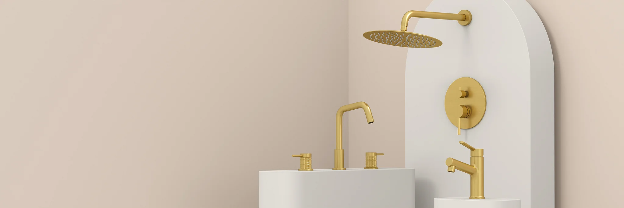 Beasley Single Hole Faucet in Brushed Gold, Beasley Widespread Bathroom Faucet in Polished Chrome, Beasley Pressure Balance Shower Head in Aged Brass