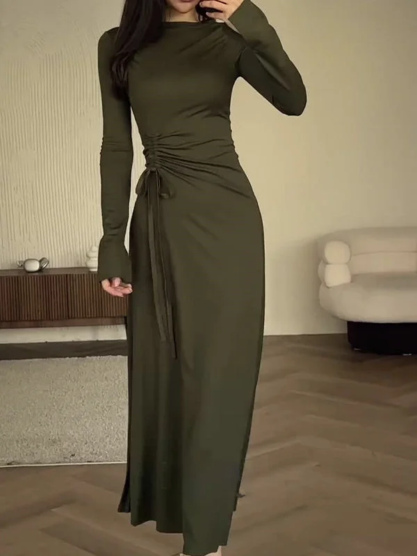 Style & Comfort for Mature Women Women's Long Sleeve Scoop Neck Solid Color Maxi Dress