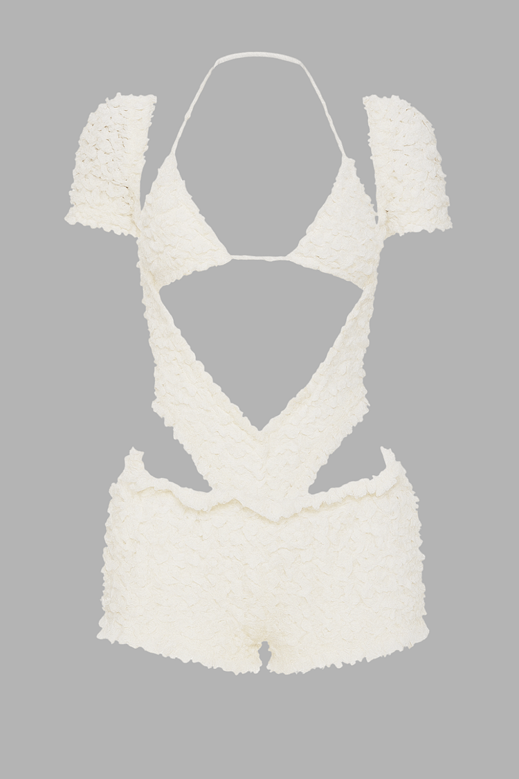 Cutout Frilled Lace Short Sleeve Playsuit Romper Bra 2pcs Set-Ivory