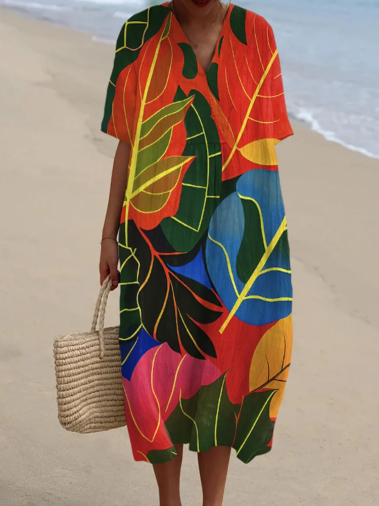 Vintage Autumn Leaves Art Print V-Neck Midi Dress