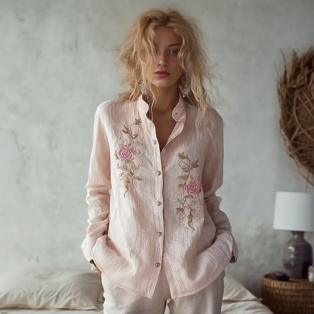 Light Pink Rose Embroidery Pattern Women's Casual Linen Long-sleeve Shirt elevenforest