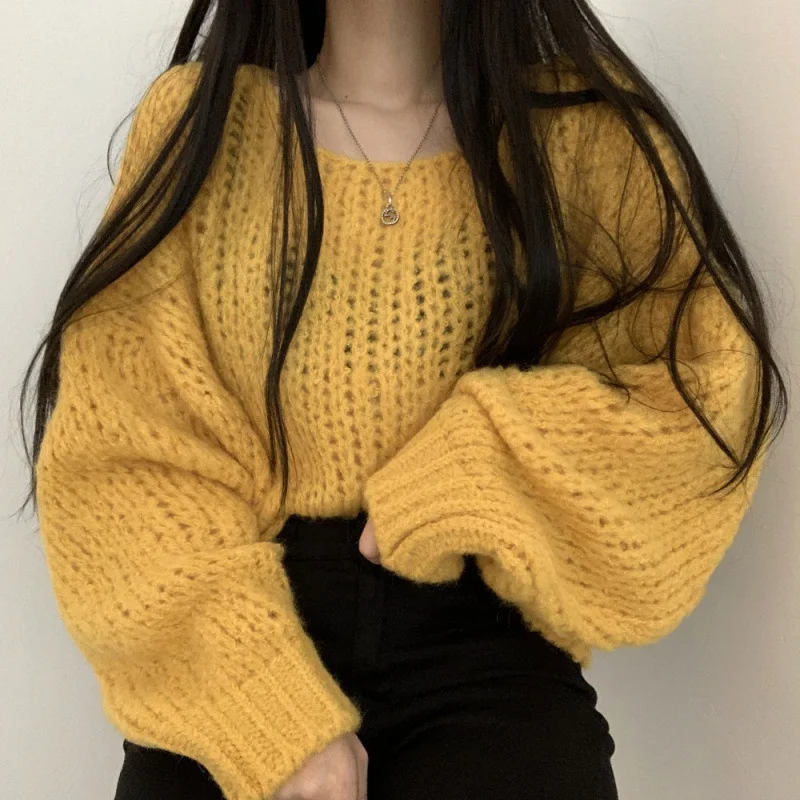 Uveng Uveng South Korea Autumn Candy Color Skin Sheath Loose Coarse Line Lantern Knitted Sweater Woman