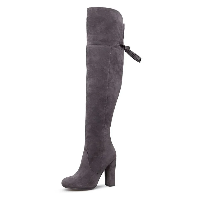 Grey Chunky Heel Boots Over-the-knee Boots |FSJ Shoes