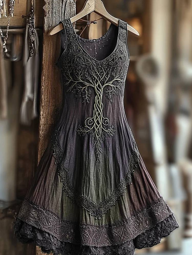 VChics Women's Vintage Viking Tree Of Life Gradient Linen Dress