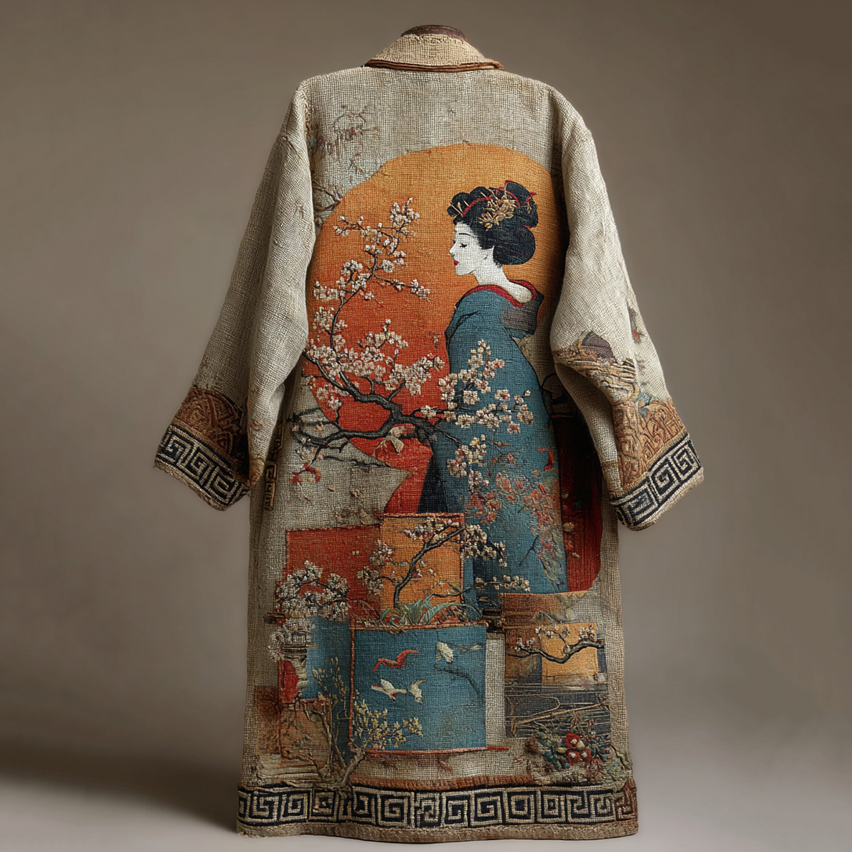 Vintage Elegant Japanese Geisha With Cherry Blossom Art Linen-blend Long Kimono elevenforest