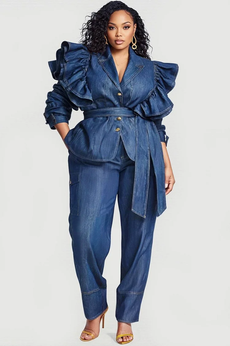 Xpluswear Design Plus Size Business Casual Blue Turndown Collar Long Sleeve Ruffle Elegant Pocket Two Piece Pant Sets 2024 - Xpluswear