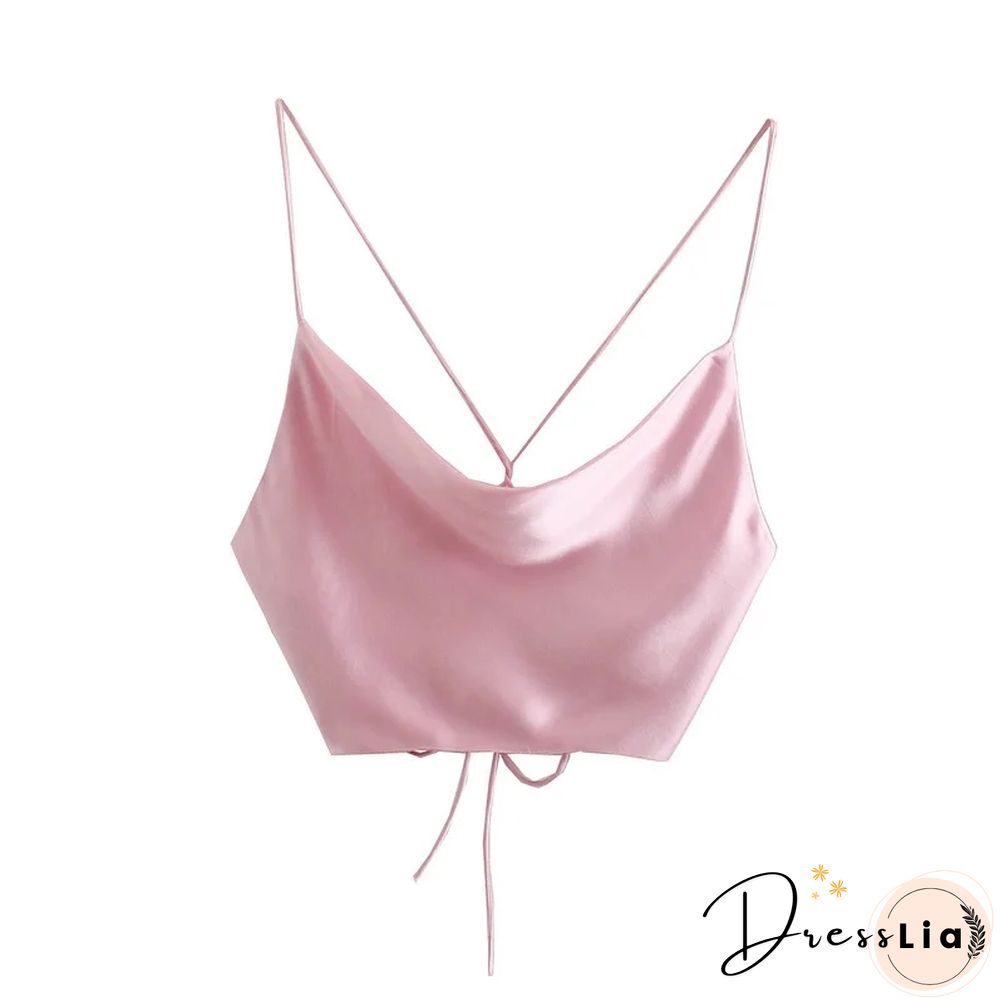 Summer White Satin Top Woman Pink Crop Top Sexy Backless Tank Tops Women Camisole Beachwear Tie Dye Strap Tops