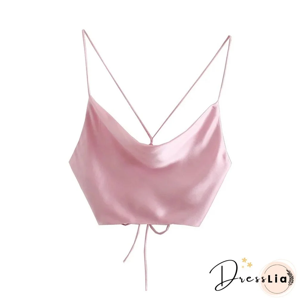 Summer White Satin Top Woman Pink Crop Top Sexy Backless Tank Tops Women Camisole Beachwear Tie Dye Strap Tops
