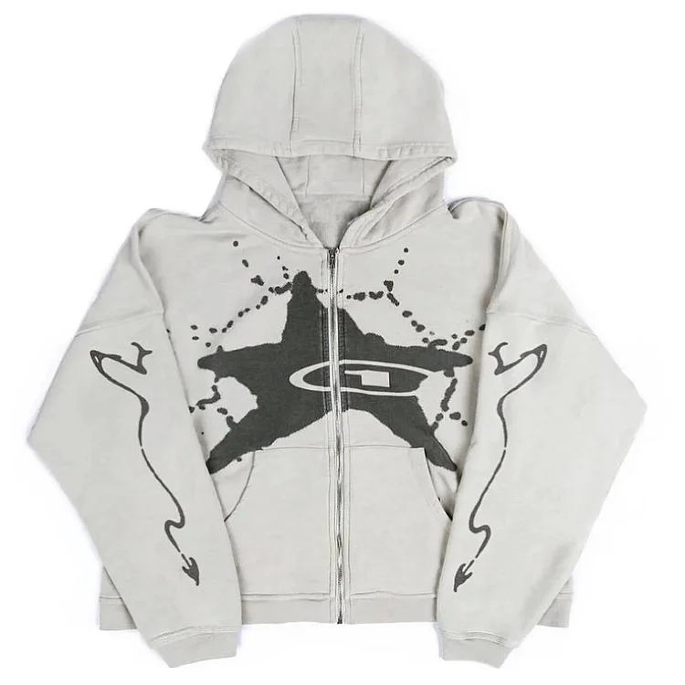 Hip Hop Oversized Print Hooded Sweater Loose Zip Up Hoodie at Hiphopee