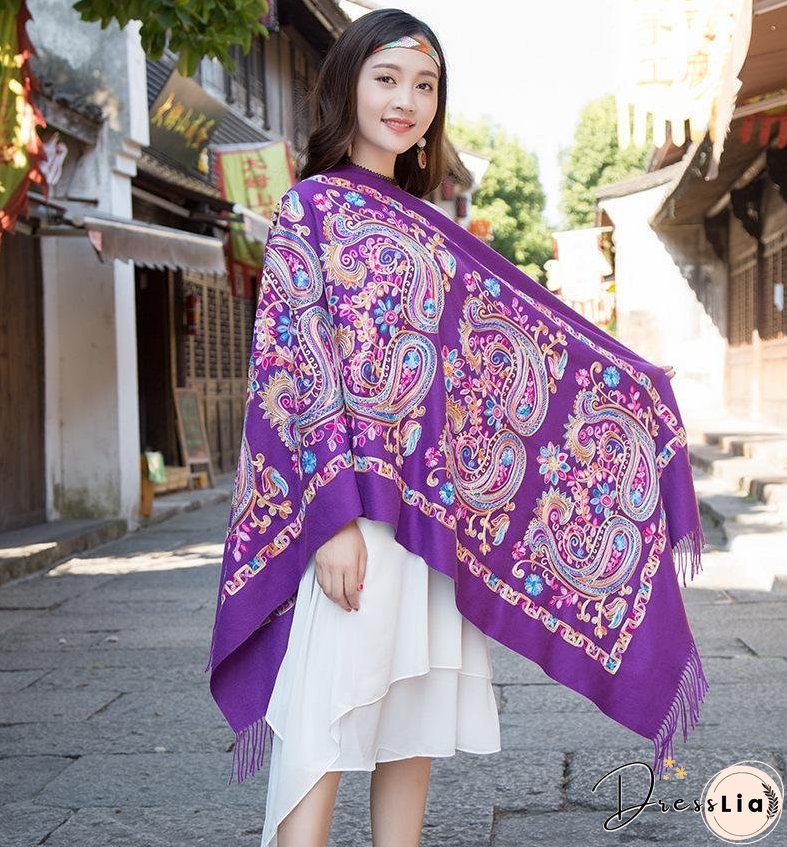 Tibetan and Nepal embroidered flower imitation cashmere scarf for women outside with sunscreen air-conditioning shawl