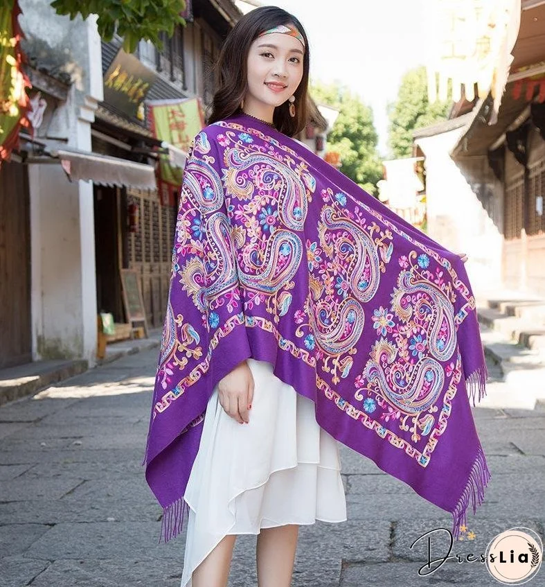 Tibetan and Nepal embroidered flower imitation cashmere scarf for women outside with sunscreen air-conditioning shawl