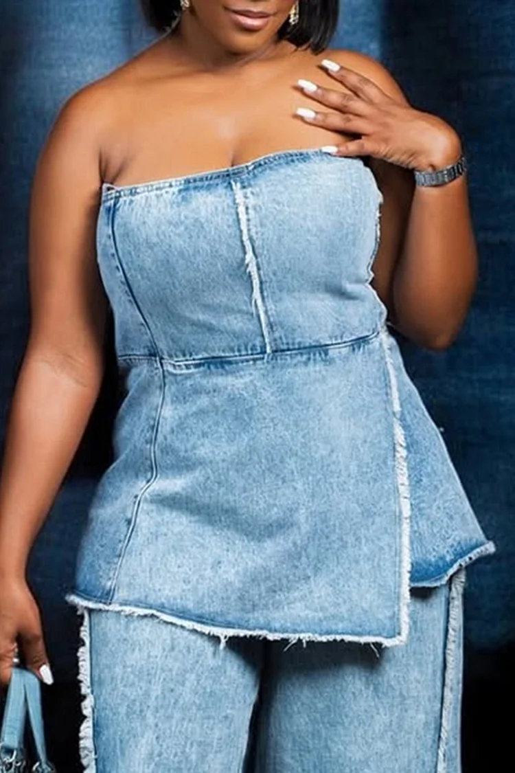 Plus Size Party Blue Casual Irregular Hem Denim Tube Top [Pre-Order] 2024 - Xpluswear