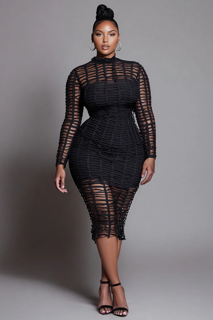 Xpluswear Design Plus Size Party Black Round Neck Long Sleeve Cut Out Elegant Bodycon Midi Dresses 2024 - Xpluswear