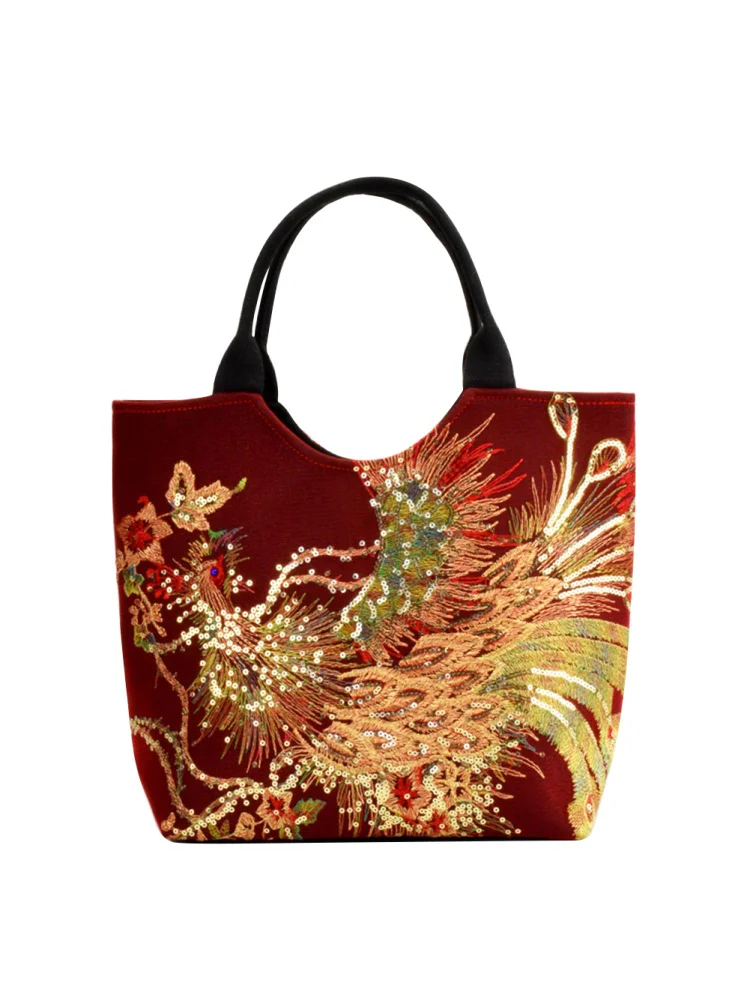 Ethnic Women Peafowl Embroidery Messenger Bag Canvas Handbags (B Wine Red)