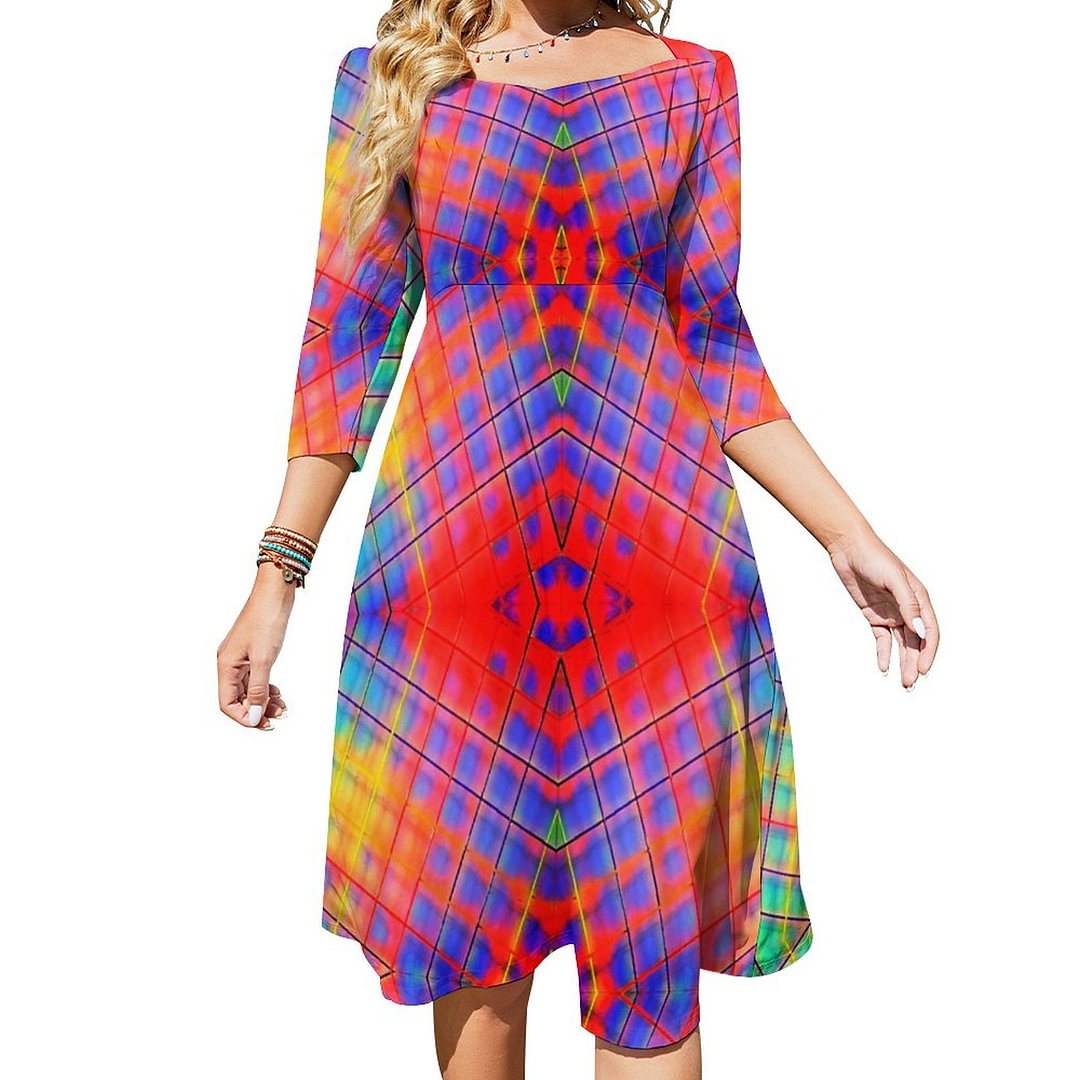Super Funky Abstract Rainbow Dress Sweetheart Tie Back Flared 3/4 Sleeve Midi Dresses