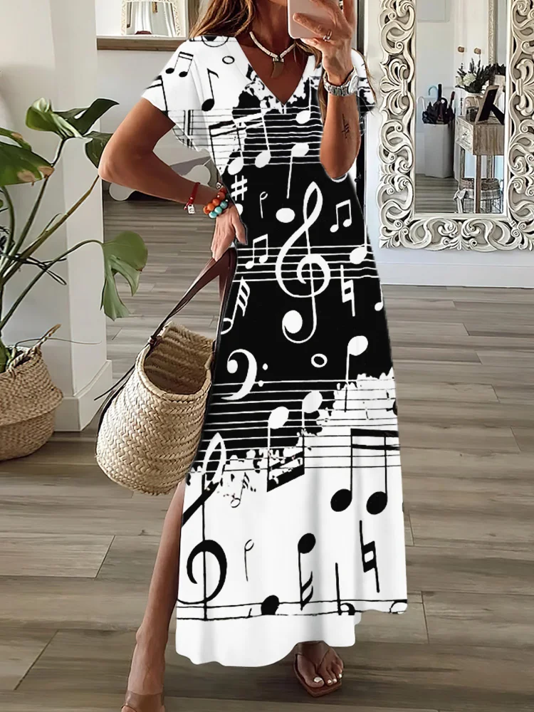 Music Notes Art Contrast V Neck Maxi Dress