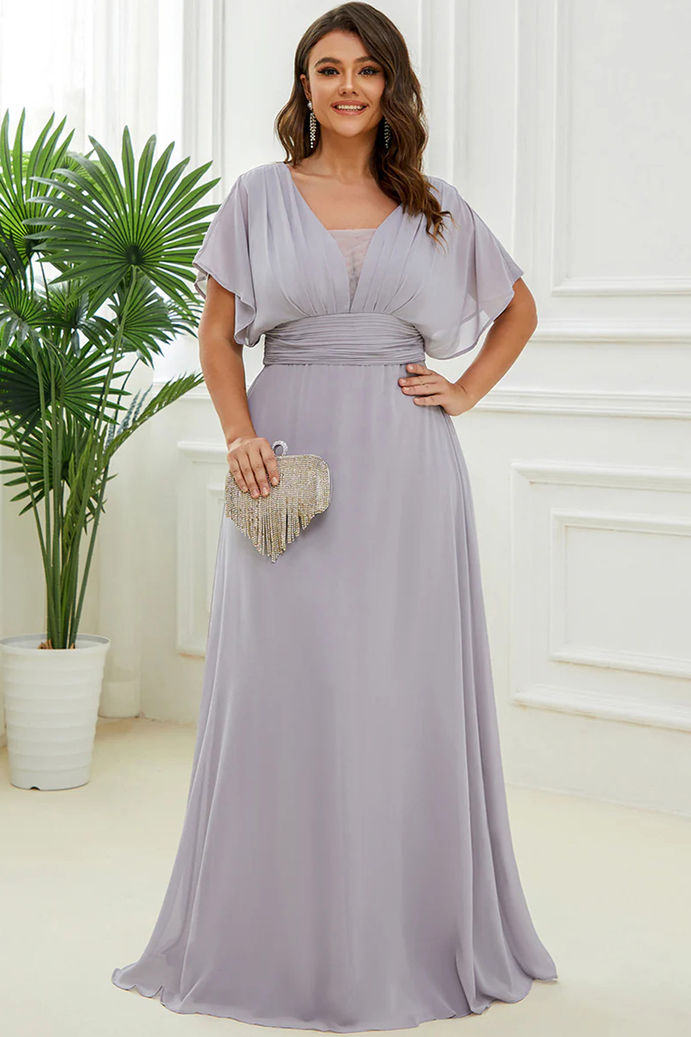 Plus Size Formal Black Chiffon Ruffle Sleeve Empire Waist Maxi Dress 2024 - Flycurvy 
