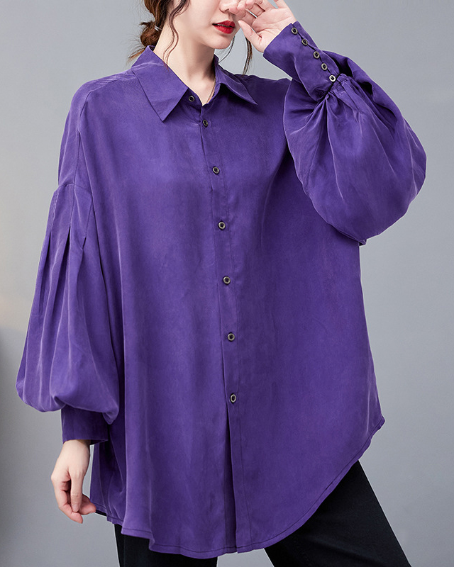 Lapel Lantern Sleeve Single Breasted Solid Color Loose Shirt