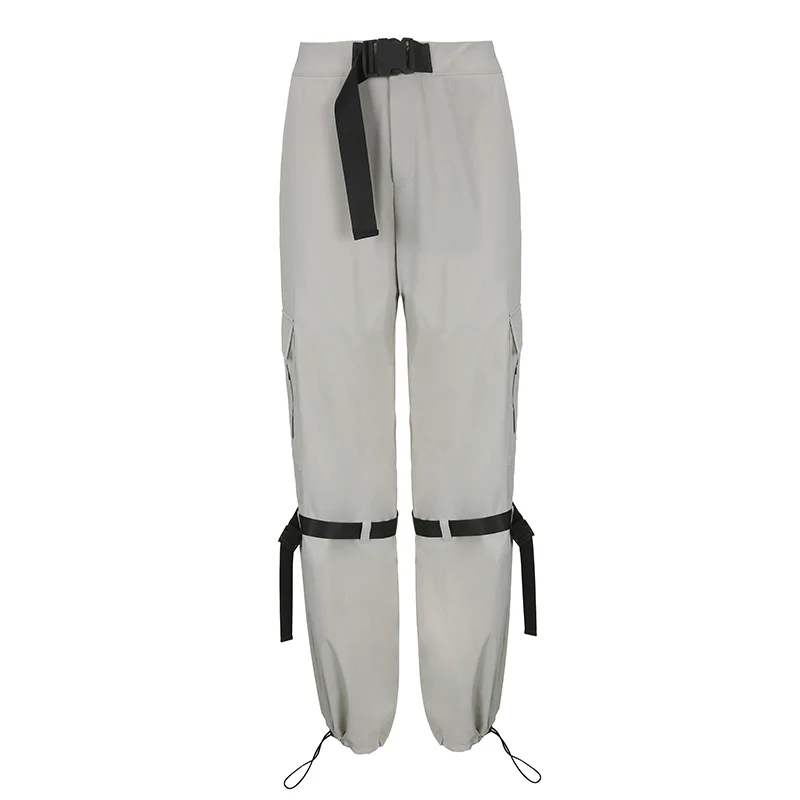 Brownm Fashion New Cargo Pants With Buckle Chic High Waist Light Grey Loose Sweatpants Harajuku Korean Joggers Techwear 2022