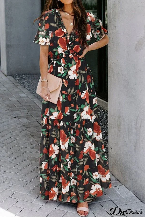 V-Neck Printed High Waist Short Sleeve Dress