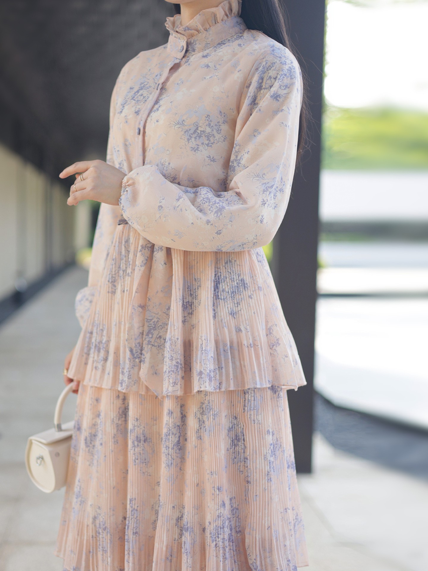 Multi-layered Pleated Floral Pattern Long Sleeve Dress | Oxredo Shop Ramadan Sale