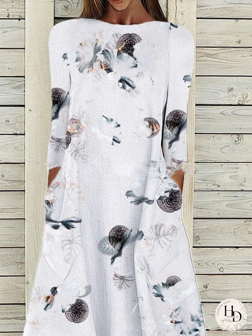 Round Neck White Pocket Dress