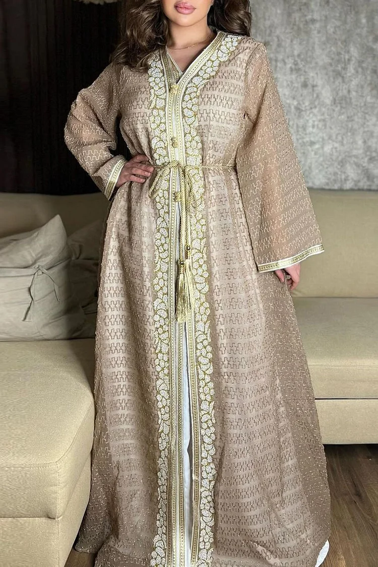 Sleeveless Maxi Dresses Beads Embroidery Long Sleeve Abaya Matching Set
