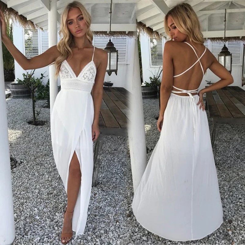 2020 Fashion Boho Long Maxi Dress Women Summer Ladies Sleeveless White Beach Dress Evening Party Casual Dresses Vestidos