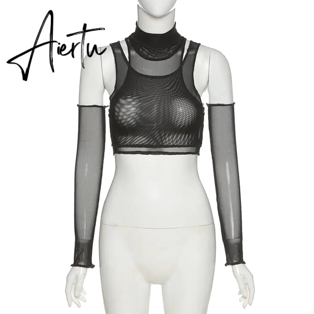 Club Mesh See-Through Sleevsless Tank Tee Women Fashion Street Style Off Shoulder Solid Color Crop Top T-Shirt Mujer Aiertu