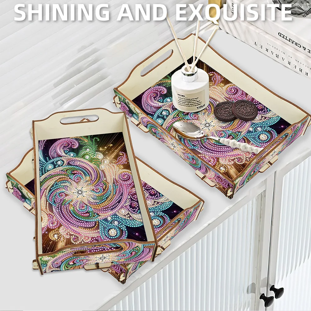 5D DIY Vortex Diamond Painting Wooden Serving Tray with Handle for Coffee Table