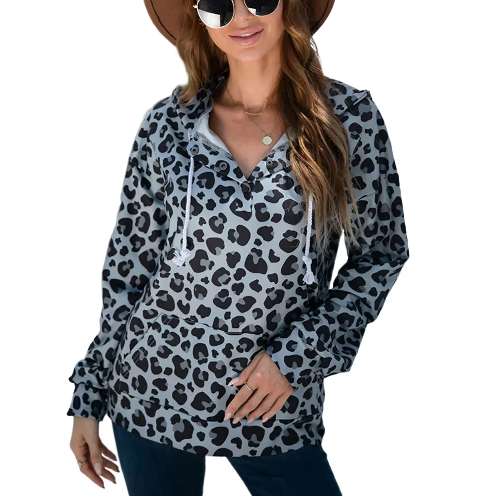 Gray Leopard Print Button-up Drawstring Hoodie