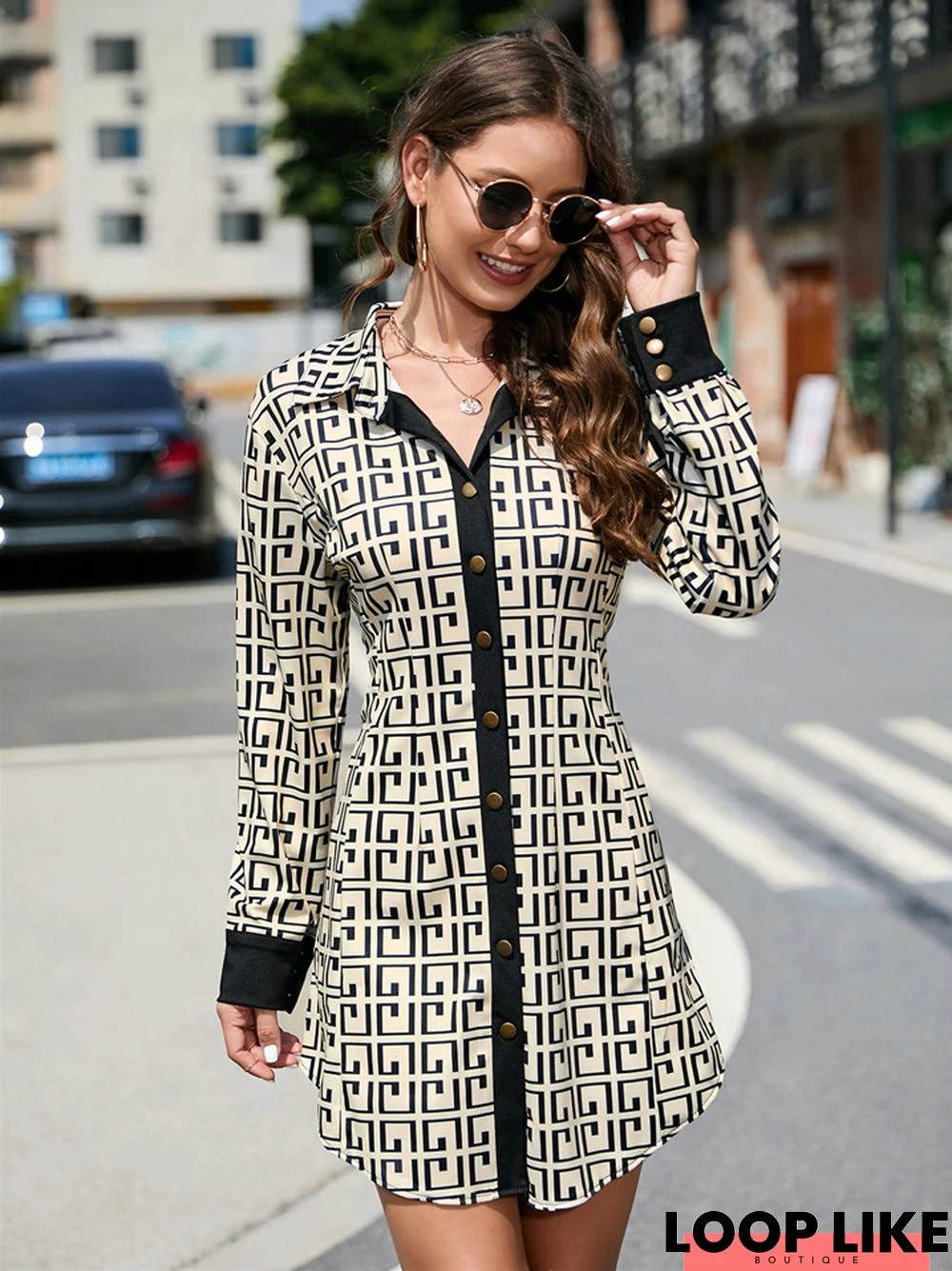 Printed Lapel Single-Breasted Long-Sleeved Dress