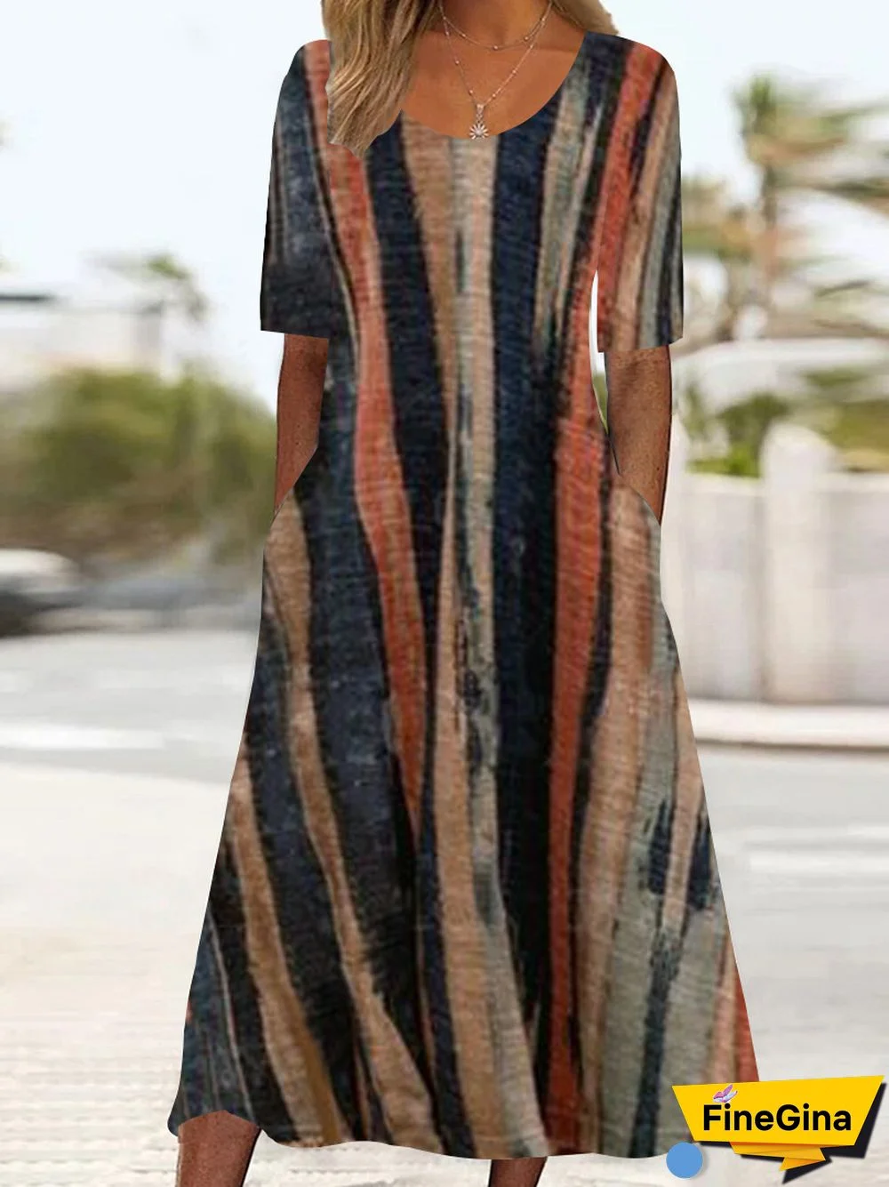 Women's Colorful Scoop Neck Short Sleeve Graphic Midi Dress