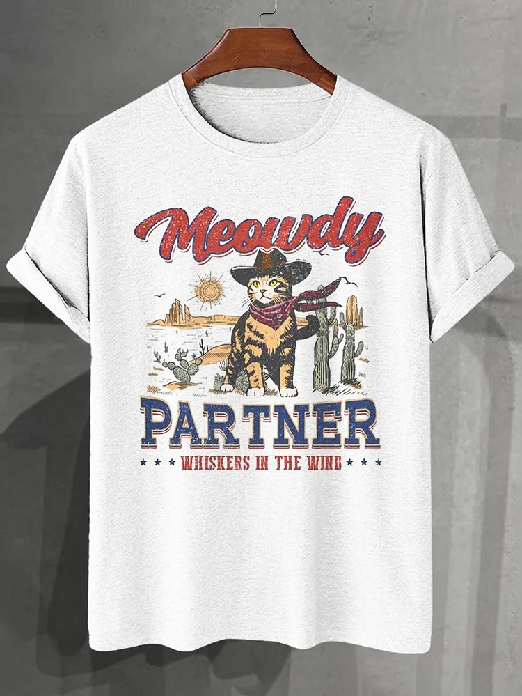 Men's Western Desert Cowboy Cat Illustration Print Cotton Casual T-Shirt