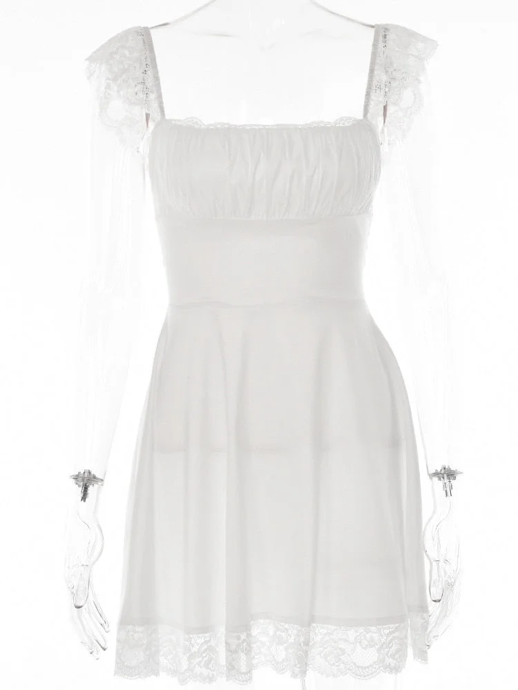 Oocharger Elegant White Lace Strap Mini Dress For Women Fashion Sleeveless Backless Loose Sexy Short Dresses Vestido Clubwear