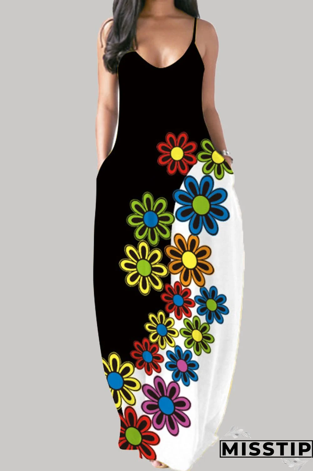 Black White Fashion Casual Print Backless Spaghetti Strap Long Dress