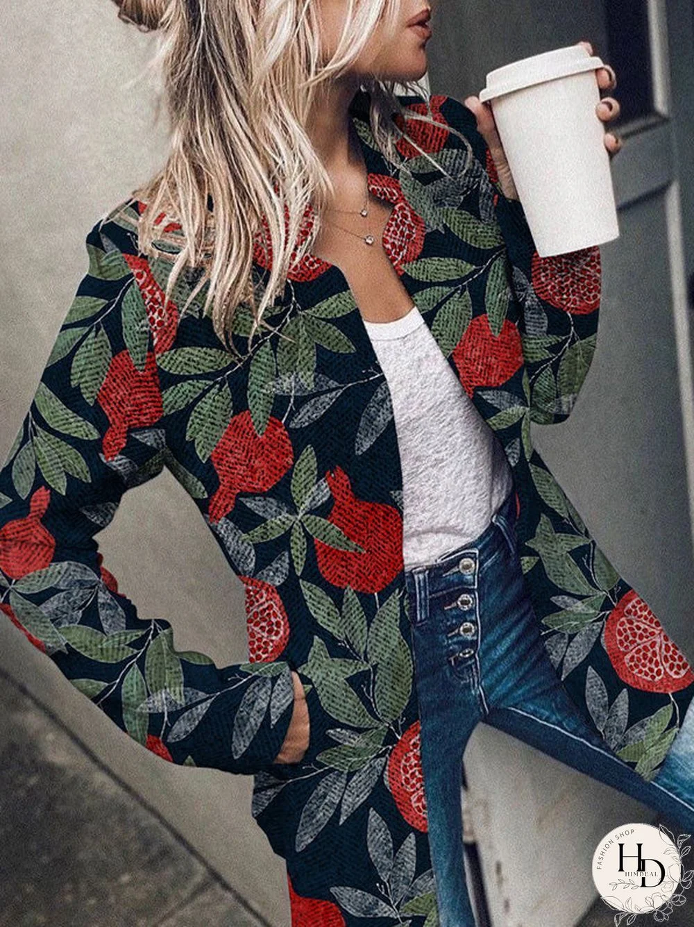 Women'S Blazers Printed Pocket Long Sleeve Blazers