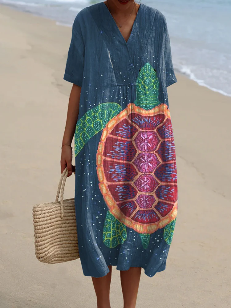 Womens Watercolor Art Turtle Pattern Print Casual Cotton And Linen Dress