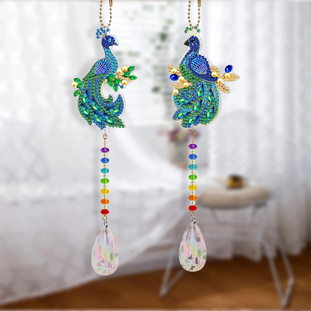 2pcs DIY Diamond Painting Sun Catcher Pendant - Peacock