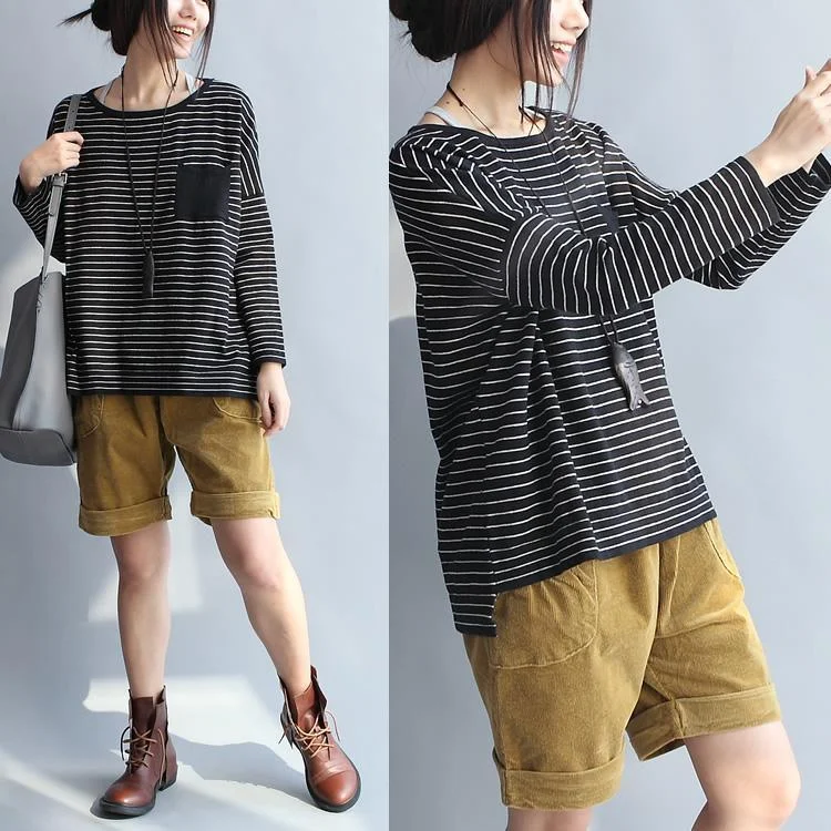 Black striped cotton knit shirts with pockets oversize top