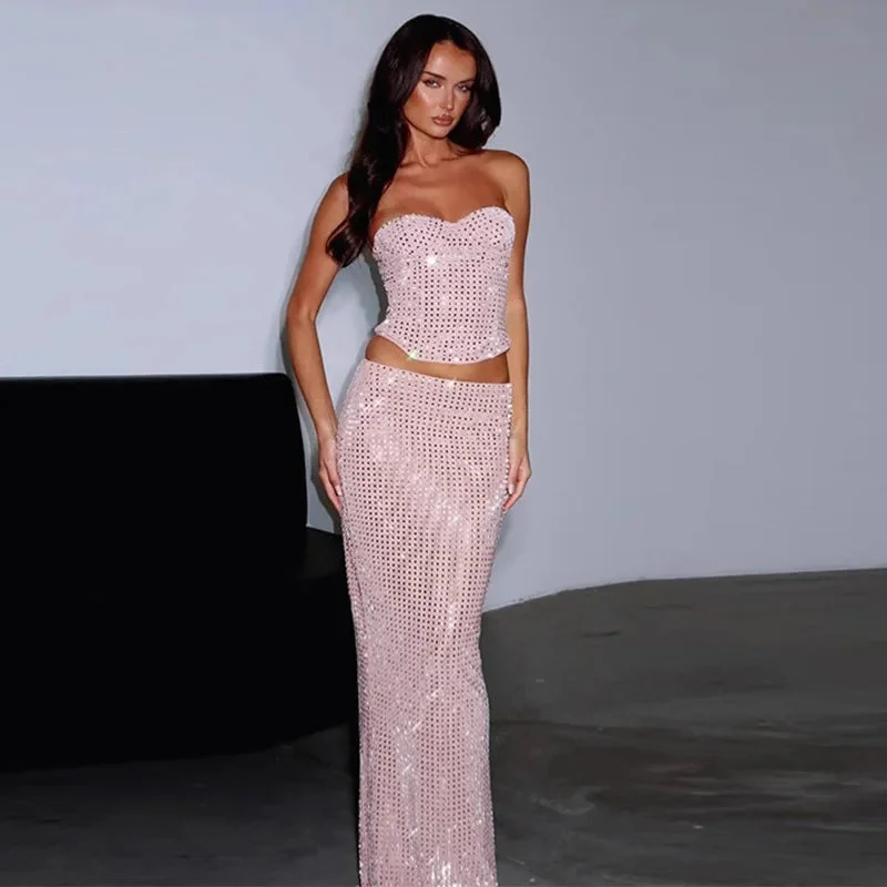 Toloer Pink Sequin Tube Top And Maxi Skirt Set-Outfit Ideas