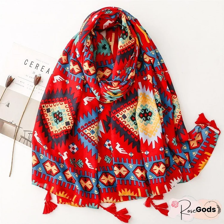 Retro Ethnic Style Red Geometric Bohemian Sunscreen Shawl Cotton Hemp Hand Scarf