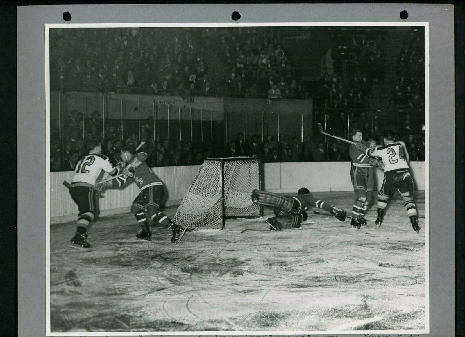 New York Rangers & Boston Bruins 1947 Type 1 Press Photo Poster painting Leswick Rayner Juzda