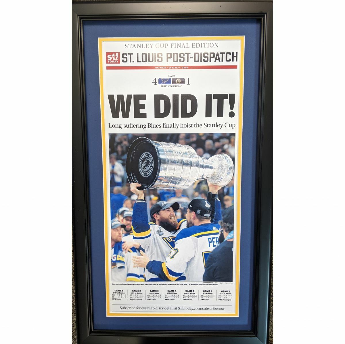 Framed St. Louis Dispatch We Did It Blues 2019 Stanley Cup Newspaper 17x27 Photo Poster painting