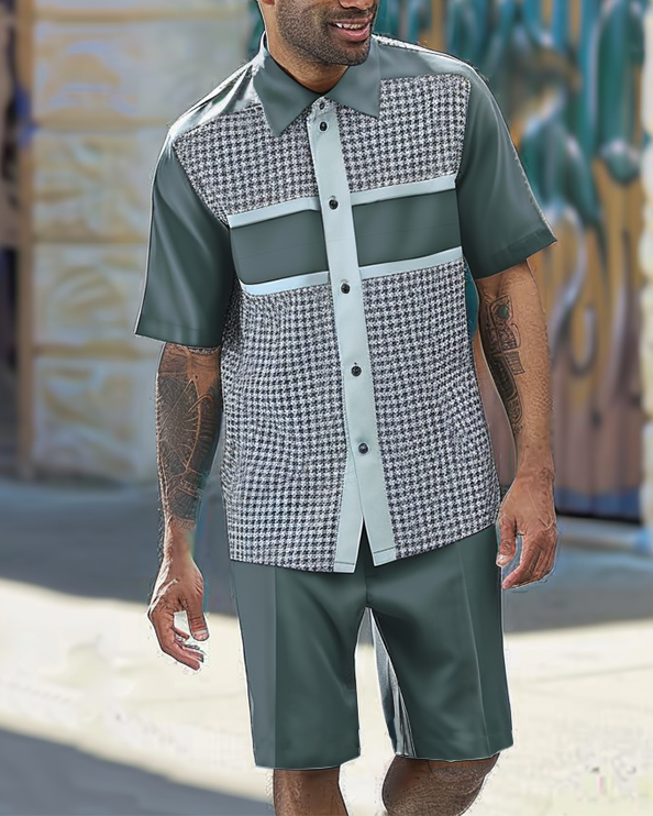 Men's Business Casual Plaid Simple Patchwork Texture Short Walking Suit 012