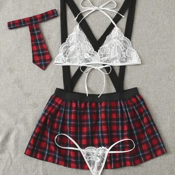 Churchf Hot Lingerie Sexy Uniform Seduction Elastic Cross Shoulder Strap Student Suit