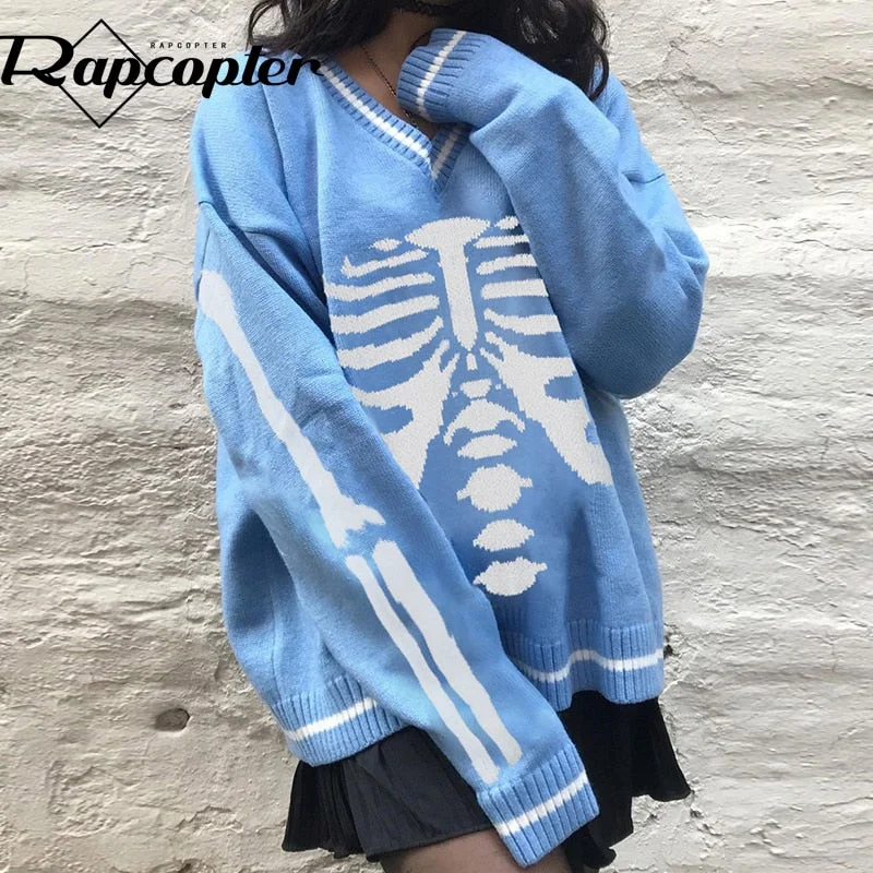 Rapcopter Sweaters Skulls Pullovers V Neck Knitwear Loose Casual Knitted Jumpers Women Streetwear Retro Tops Autumn Winter Cute